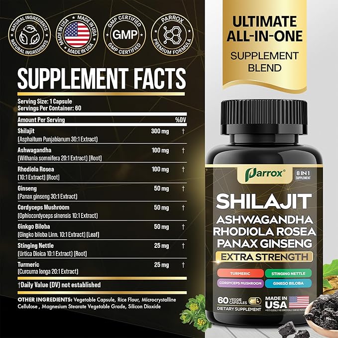 Shilajit Supplement Panax Ginseng Ashwagandha Rhodiola Rosea Cordyceps Mushroom Stinging Nettle Turmeric Gingko Biloba – Pure Shilajit All In One Supplements for Men and Women (180 Caps)