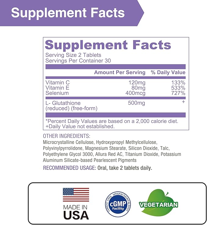 LOVITA Glutathione Complex 500mg for Radiant Skin &amp Immunity Support | 99.8% Purity with Vitamin C Selenium &amp E Vegan Non-GMO Gluten-Free 60 Vegetarian Tablets