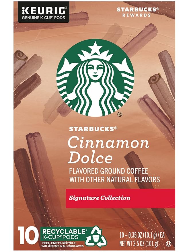 Starbucks Flavored Ground Coffee K-Cup PodsCinnamon DolceFlavored Ground Coffee Signature CollectionRecyclable K-Cups10 K-Cup Pods/Box (Pack of 2 Boxes)10 Count (Pack of 2)