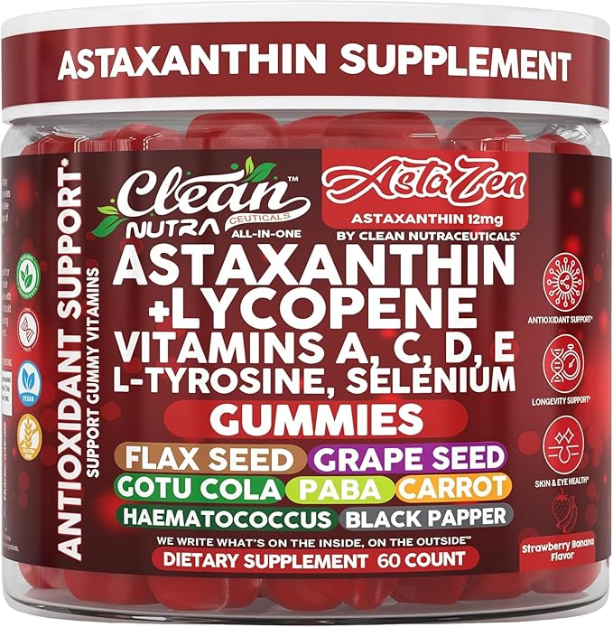 Clean Nutraceuticals AstaZen Astaxanthin Gummies 12mg - with Lycopene Vitamins A C D E L-Tyrosine &amp Selenium - Antioxidant Support Gummies - 60 Count