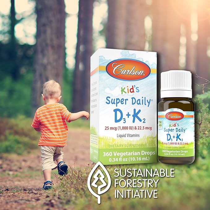 Carlson - Kid's Super Daily D3+K2 25 mcg (1000 IU) D3 &amp 22.5 mcg K2 Vitamin D Drops with Vitamin K2 Liquid Vitamins 1000 IU Vitamin D3 Heart &amp Bone Health 1-Year Supply Unflavored 360