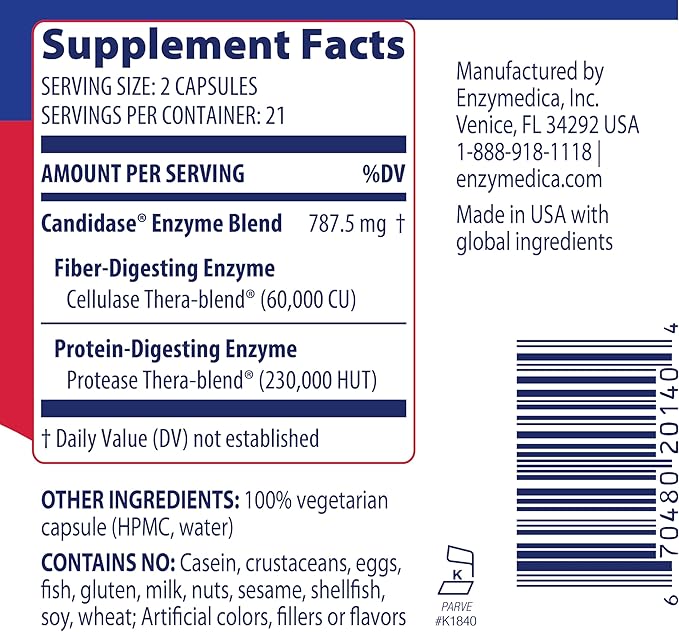 Enzymedica Candidase Capsules - Candida Support Supplement for Women &amp Men Balanced Yeast Level &amp Cleanse Support Gut &amp Mircobiome Health Support Enzyme Blend with Cellulase and Proteas