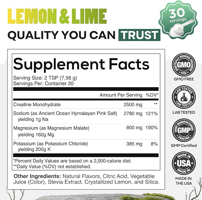 Wild Foods Creatine + Electrolytes Powder Lemon &amp Lime (8 oz 30 Servings) - 2.5g Creatine + Magnesium Malate Pink Salt Potassium - Whole-Food Sourced Hydration &amp Support - No Added Sugar