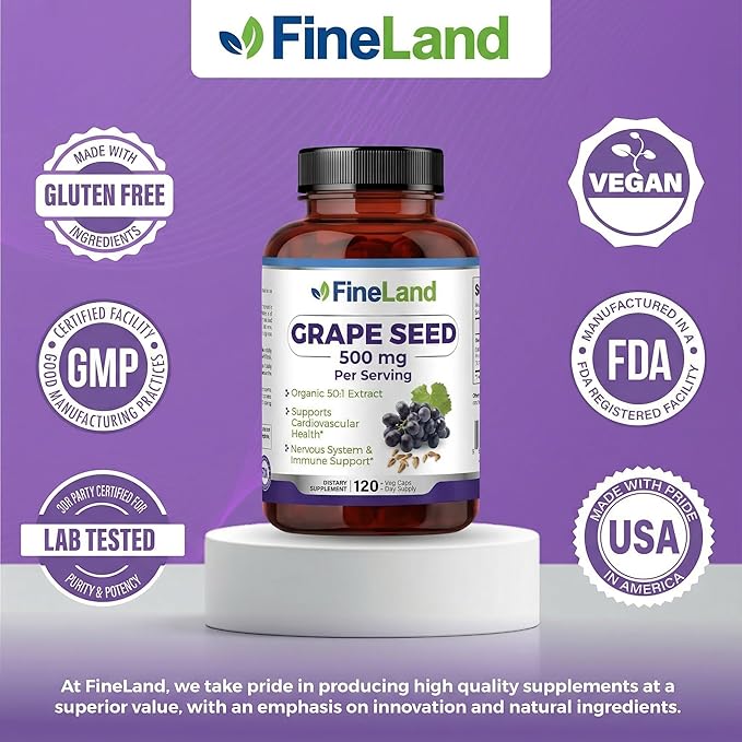 FineLand Organic Grape Seed Extract Rich in Antioxidants - Heart Immune &amp Circulation Support – 120 Vegan Capsules Non-GMO - Made in USA
