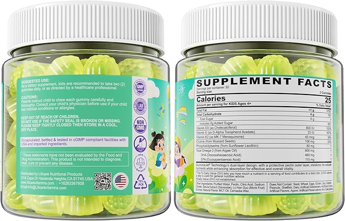 Omega-3 for Kids 4+ Focus DHA Gummies Plus EPA from Algae Vitamin D3 K2 Choline &amp PS for Bone Cognitive &amp Immune Health Zero Sugar Ultra-High DHA Fish Oil Alternative Children Ages 4+ 6