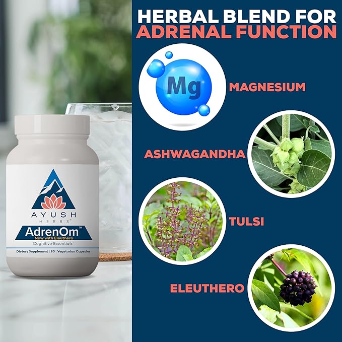Ayush Herbs AdrenOm - Ayurvedic Adrenal and Stress-Support Supplement for Women &amp Men Ashwagandha &amp Eleuthero to Support Adrenal Balance Cognitive Function &amp Calm - 90 Vegetarian Capsule