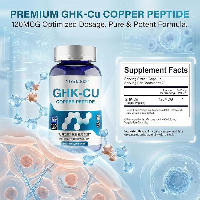 GHK-Cu Copper Peptide Supplement 120 Vegan Capsules High Potency Promotes Skin Repair Radiant Skin Elasticity Anti-Aging &amp Hair Growth Support