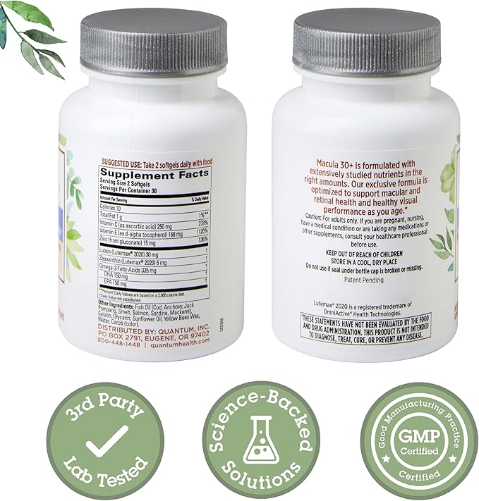 Quantum Health Macula 30+ Eye Health Supplement|Promotes Macular and Retinal Health as You Age|Formulated with Lutein Zeaxanthin Omega-3 and Vitamins C &amp E|60 Softgels 30 Day Supply