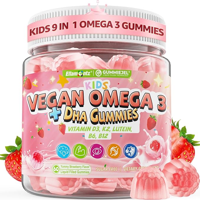 Kids Omega 3 DHA Gummies w/Vitamins D3 K2 C B6 Methyl B12 Luetin &amp PS No Fish Burps No Sugar Brain Eye &amp Immune Support Plant-Based Omega-3 from Algae Vegan DHA for Toddlers Childre