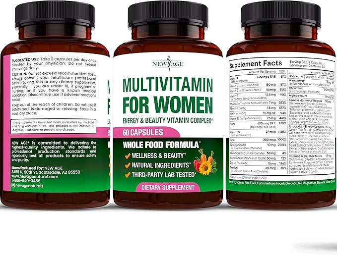 NEW AGE Multivitamin for Women - B-Complex Whole Foods Hair Support Iron - All in1 Womens Multivitamin - Bioavailable &amp Gentle on Stomach - Made in USA - 60 Count