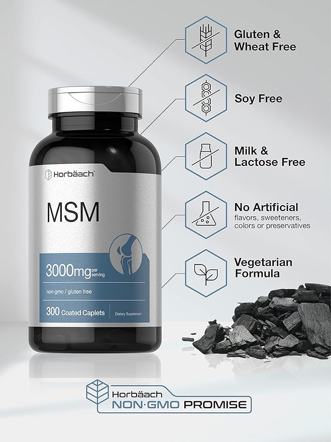 Horbäach MSM Supplement | 3000mg | 300 Coated Caplets | Methylsulfonylmethane with Calcium | Vegetarian Non-GMO Gluten Free