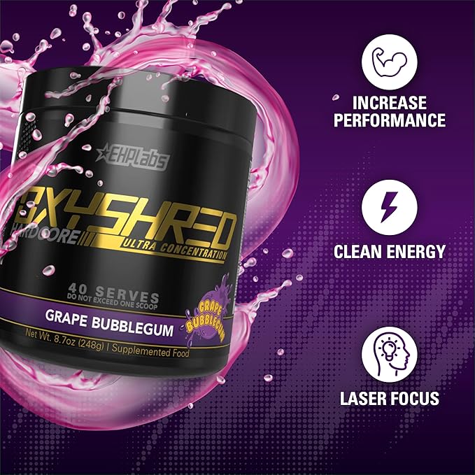 EHP Labs OxyShred Hardcore Super Dosed Pre Workout Powder - Preworkout Powder with L Glutamine &amp Acetyl L Carnitine Energy Boost Drink - 275mg of Caffeine - Grape Bubblegum 40 Servings