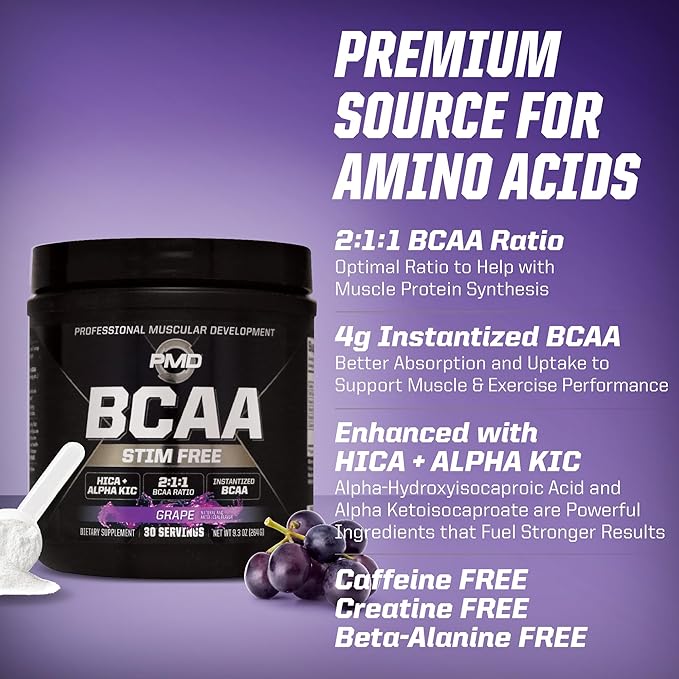 PMD Sports BCAA Stim-Free Amino Acids - Better Workout Performance Enhanced Recovery Daily Energy Muscle Builder and Muscle Sparing - BCAA Powder Drink Mix - Grape (30 Servings)