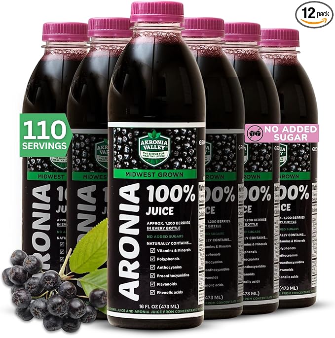 100% Aronia Berry Juice - Highest Antioxidant Superfood | 16 Fl Oz (Pack of 12) 110 Servings | Gluten-Free No Sugar Non-GMO Chokeberry Juice