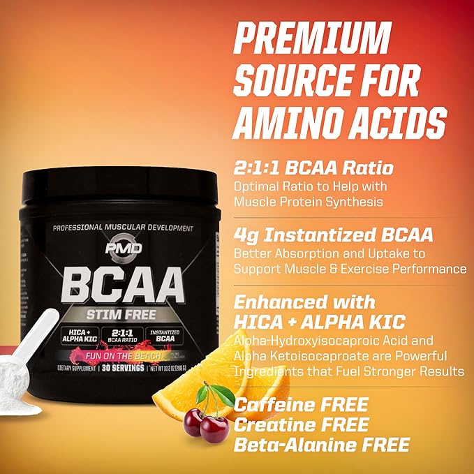 PMD Sports BCAA Stim-Free Amino Acids - Better Workout Performance Enhanced Recovery Daily Energy Muscle Builder and Muscle Sparing - BCAA Powder Drink Mix - Fun on the Beach (30 Servings)