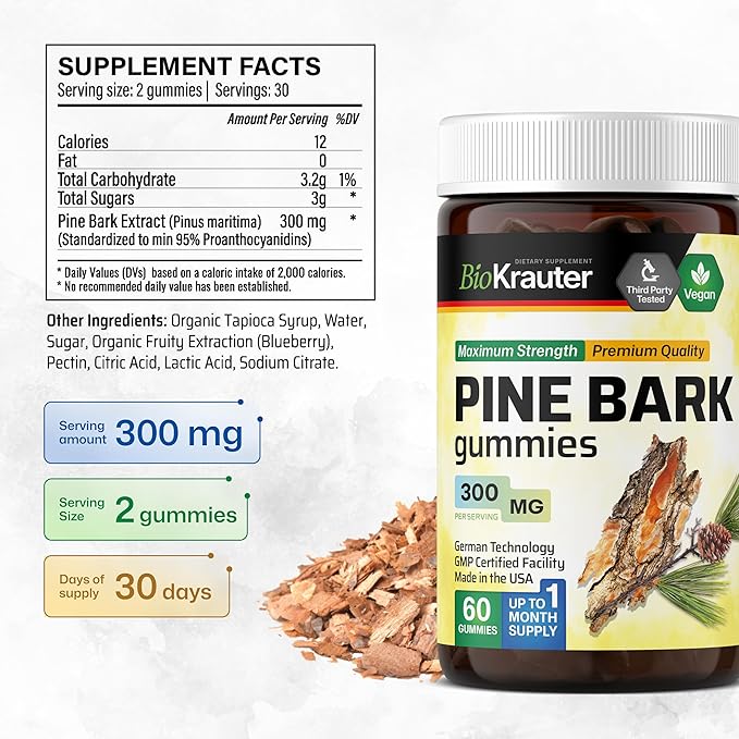 BIO KRAUTER® Pine Bark Extract for Skin &amp Antioxidant Support - French Maritime Pine Bark Gummies 300 mg for Clear Skin - 90 Gummies 45-Day Supply - Non-GMO Blueberry Flavor