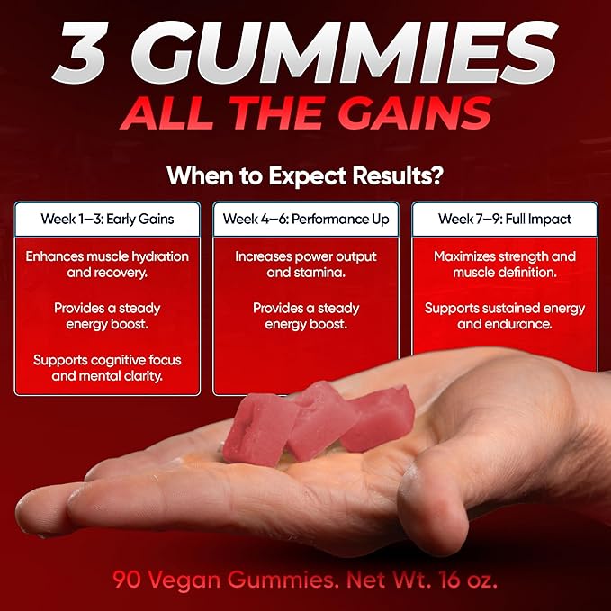 Creatine Monohydrate Gummies - 5g Creapure Creatine per Serving - Vegan - Boost Muscle Strength Endurance Recovery &amp Mental Focus - 90 Gummies Gluten-Free (Strawberry)