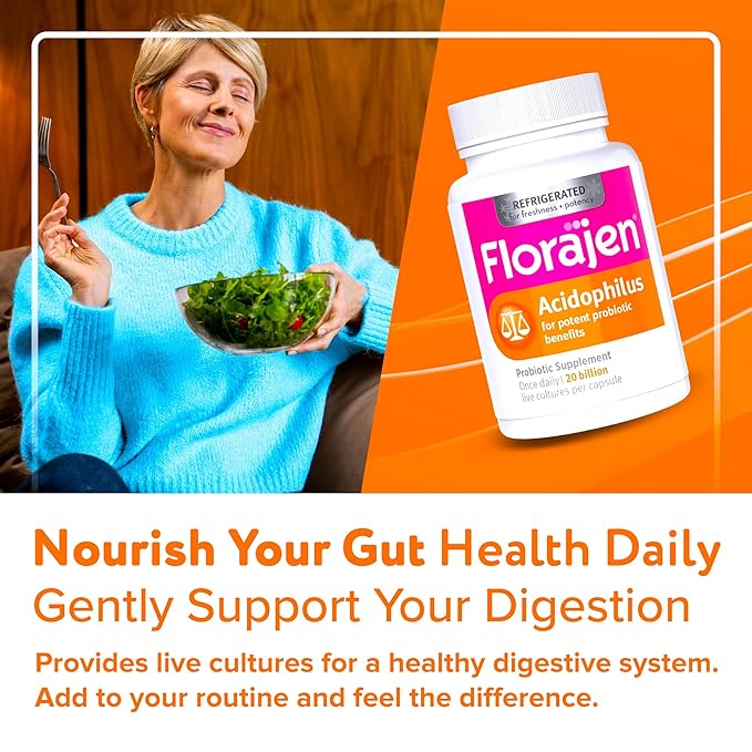 Florajen Acidophilus High Potency Refrigerated Supports Overall Health 20 Billion CFUs for Potent Probiotic Benefits Unflavored 60 Count