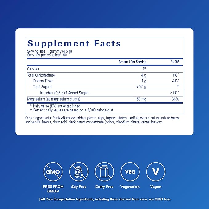 Pure Encapsulations Magnesium Gummy - Magnesium Citrate - Supports Heart Health &amp Relaxation* - for Children &amp Adults - Vegan &amp &lt0.5g Sugar per Gummy - 60 Gummies