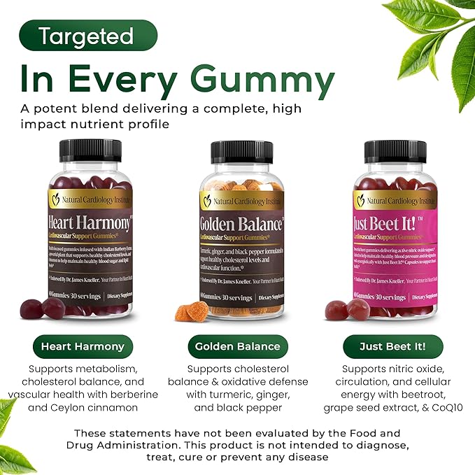 Natural Cardiology Institute 1-2-3 Pressure Down Trio Bundle – Doctor-Formulated Cardiovascular Support System with Just Beet It! Golden Balance &amp Heart Harmony Gummies