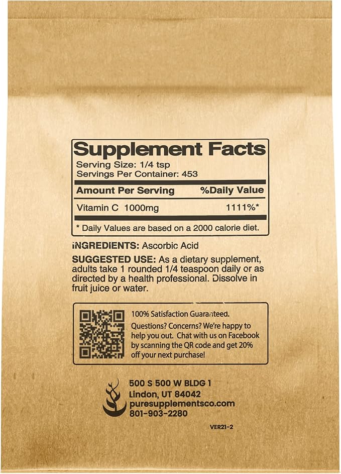 PURE ORIGINAL INGREDIENTS L-Lysine HCI and Vitamn C Powder Bundle 1 lb Each Non-GMO Gluten Free Dietary Supplements