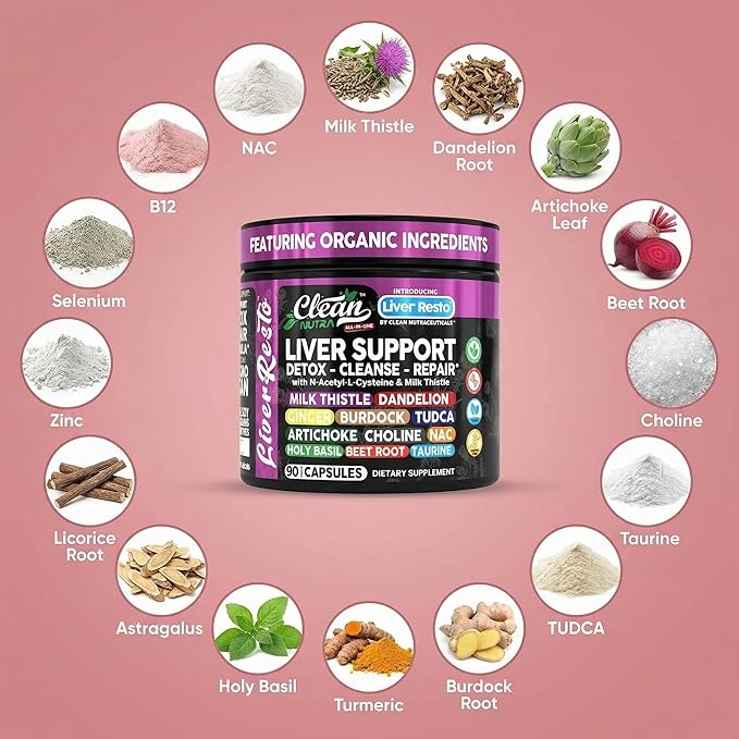 Clean Nutraceuticals Liver Cleanse Detox &amp Repair | Milk Thistle Supplement + NAC TUDCA Dandelion Root Artichoke Choline Ginger Beet Root Burdock Taurine Liver Support 90 Capsules