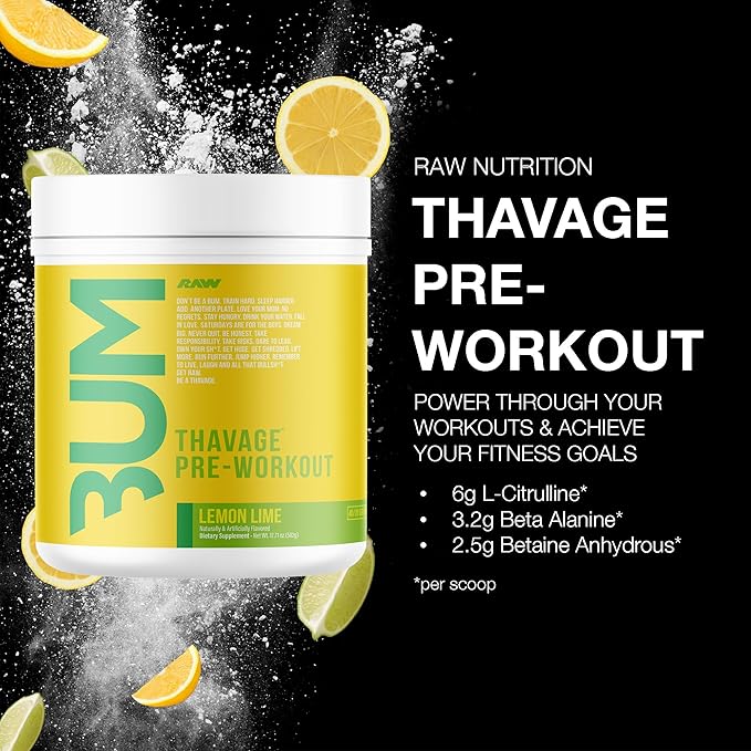 RAW Preworkout Powder Thavage (Lemon Lime) - Chris Bumstead Sports Nutrition Supplement for Men &amp Women - Cbum Pre Workout for Working Out Hydration Mental Focus &amp Energy - 40 Servings