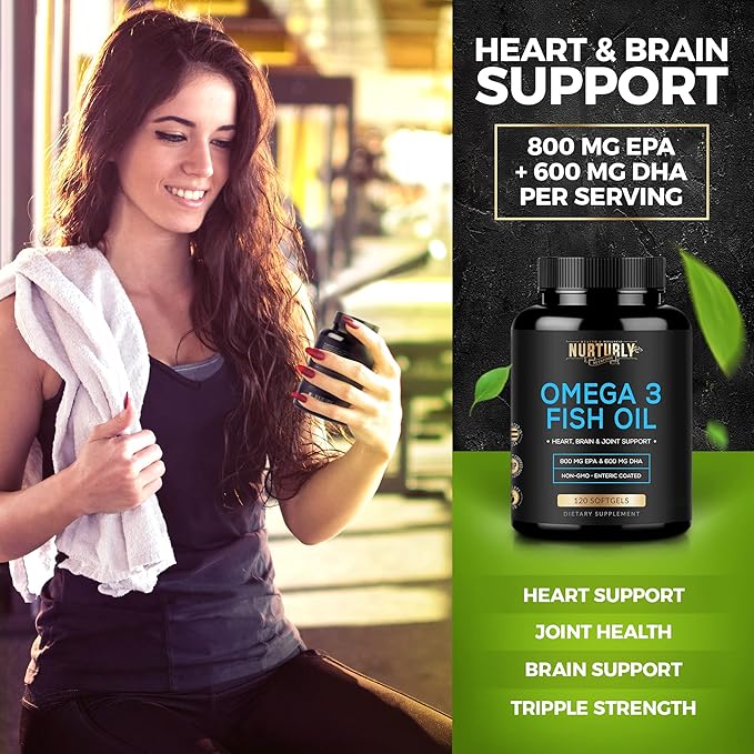 Omega 3 Fish Oil 2000mg 800mg EPA and 600mg DHA - Enteric Coated and Burpless - Supports Brain and Heart - Burpless Non-GMO 3rd Party Lab Tested and NSF Certified - 120 Softgels