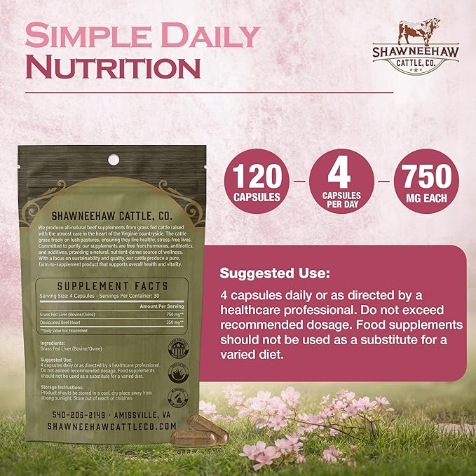 Shawneehaw Farms Grass Fed Desiccated Beef Liver Capsules (120 Pills 750 mg Each) with Vitamin A Folate Vitamin B12 - Beef Liver Supplement for Joint Support &amp Collagen
