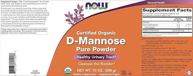NOW Foods Pure Organic D-Mannose 10 oz Powder - Bladder Cleanse and Urinary Tract Health Supplement - Non-GMO - Vegan Friendly - 2000mg / 2 Grams per Serving