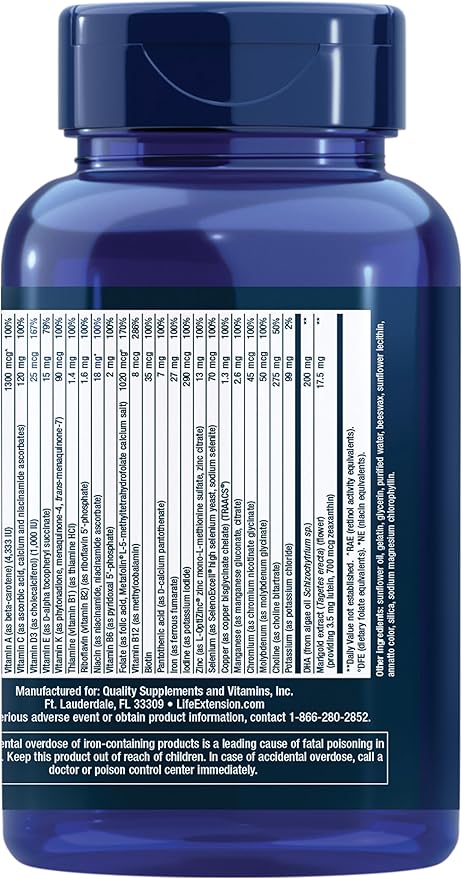 Life Extension Prenatal Advantage Women’s multivitamin Baby Support folic Acid Choline omega-3s Vitamin C D3 B1 B6 B12 zinc niacin Gluten Free Non-GMO 120 softgels