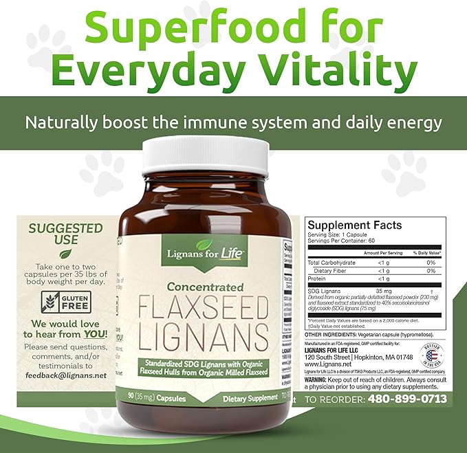 Lignans for Life Flaxseed Lignans for Dogs &amp People + SDG - Omega 3 Fatty Acids High Fiber Antioxidants - Improve Shiny Coat Digestive &amp Heart Health for Dogs 35mg 90 Flaxseed Capsules 1