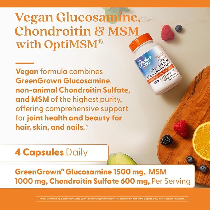 Doctor's Best Vegan Glucosamine Chondroitin MSM - Joint Health Support Supplement for Women &amp Men Nutritional Support for Joint Strength Hair Skin &amp Nails Gluten Free Non GMO - 120 Veg C