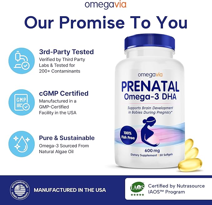 OmegaVia Prenatal DHA 600mg | Fish-Free Omega-3 Supplement | Supports Baby’s Brain Eye &amp Nervous System Development | Safe for Pregnancy &amp Lactation | 30 Easy-to-Swallow Softgels