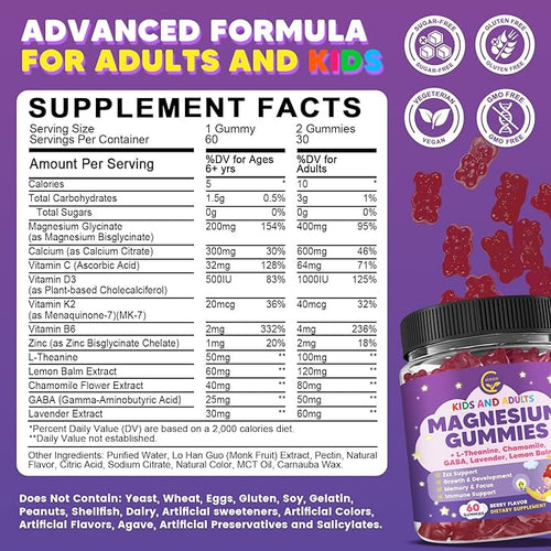 (2 Pack) Magnesium Glycinate Gummies for Kids &amp Adults Sugar Free Magnesium Glycinate 400/200mg Supplement with Chamomile Lavender L-Theanine &amp GABA B6 D3 &amp K2 for Relax Brain Immun