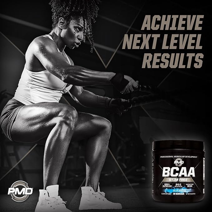 PMD Sports BCAA Stim-Free Amino Acids - Better Workout Performance Enhanced Recovery Daily Energy Muscle Builder and Muscle Sparing - BCAA Powder Drink Mix - Blue Razz (30 Servings)