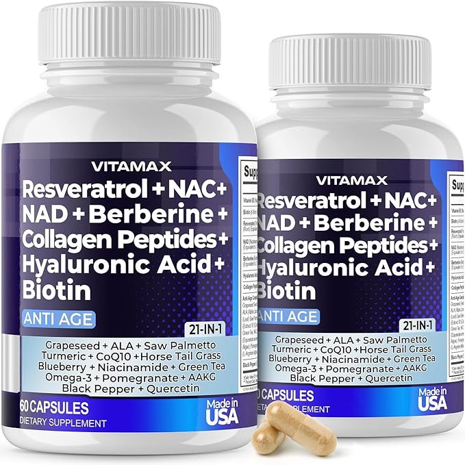 Vitamax Resveratrol NAD+ Berberine Hyaluronic Acid - Biotin Grape &amp Blueberry + NAC - Collagen Peptides - Hair Nail Skin &amp Joint Supplement - 21-in-1 Women and Men - Made in USA - 120 Count