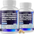 Vitamax Resveratrol NAD+ Berberine Hyaluronic Acid - Biotin Grape &amp Blueberry + NAC - Collagen Peptides - Hair Nail Skin &amp Joint Supplement - 21-in-1 Women and Men - Made in USA - 120 Count
