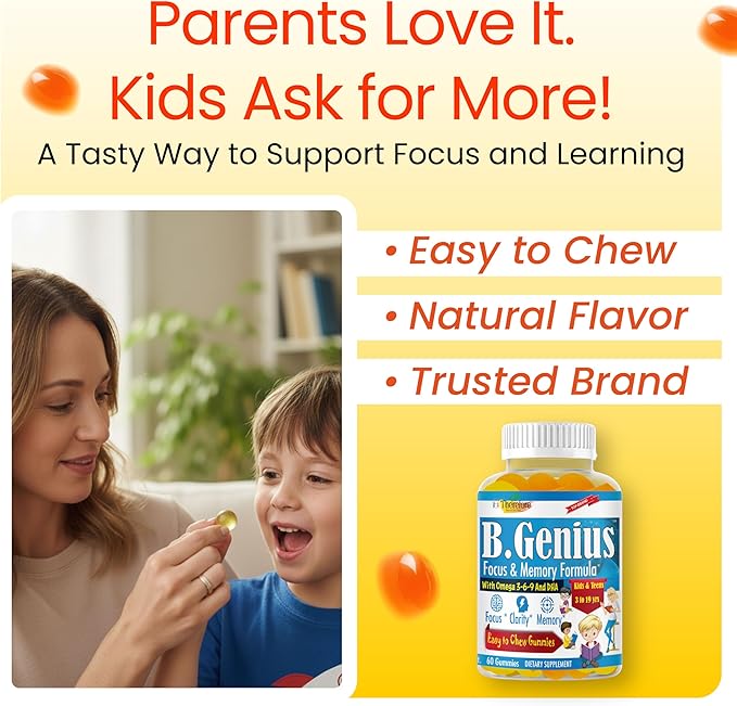 B.Genius Focus Gummies for Kids &amp Teens – Kids Focus and Attention Supplements – Memory &amp Concentration –Plant-Based Focus Supplement for Clarity Learning &amp Cognitive Health-60ct