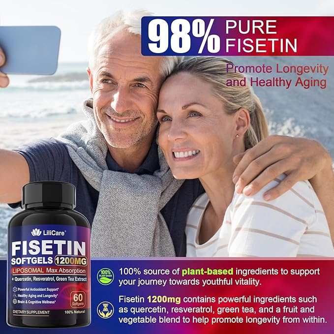 LILICARE Fisetin Supplement - Liposomal Super Absorption 98% Pure 1200mg with Quercetin Resveratrol Green Tea Extract for Healthy Aging &amp Longevity Skin Health Brain &amp Antioxidant - 60 Sof