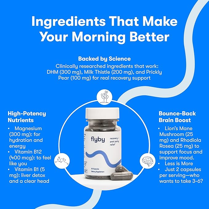 Flyby Recovery Supplement - All The Hang Without The Over!™ - with DHM Milk Thistle Vitamin C Activated Charcoal and Apple Cider Vinegar - Pre &amp Post Drinking Formula (80 Count)