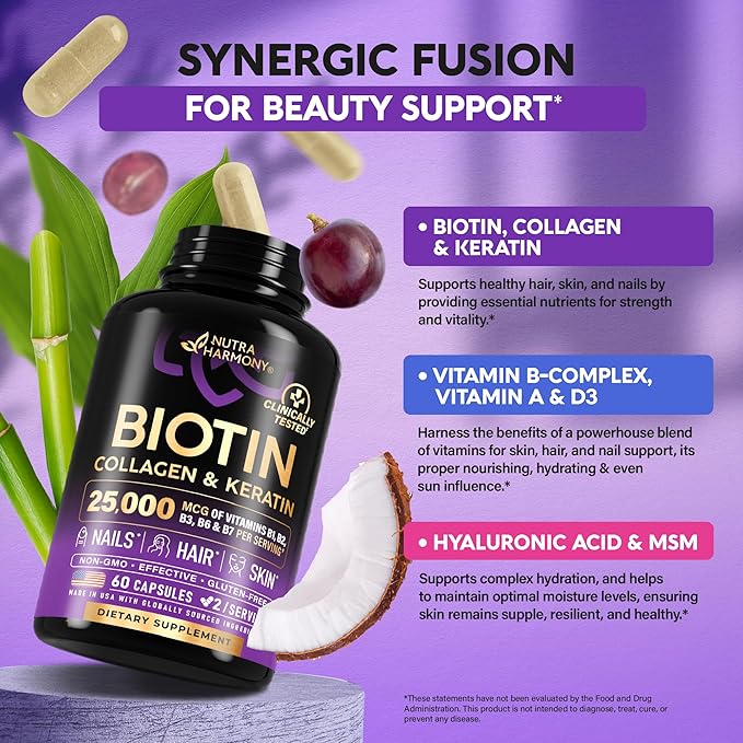 Biotin | Collagen | Hyaluronic Acid | Keratin - Support Normal Hair Growth Cycle Skin &amp Nails - Clinically Tested - 25000mcg Vitamins B1 B2 B3 B6 &amp B7 - for Women &amp Men - Made in USA |
