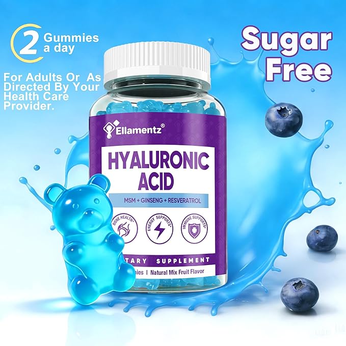 7-in-1 Sugar Free Hyaluronic Acid Supplements with MSM Resveratrol Ginseng Vitamin C Gummies for Skin Health &amp Deep Hydration 120 Counts