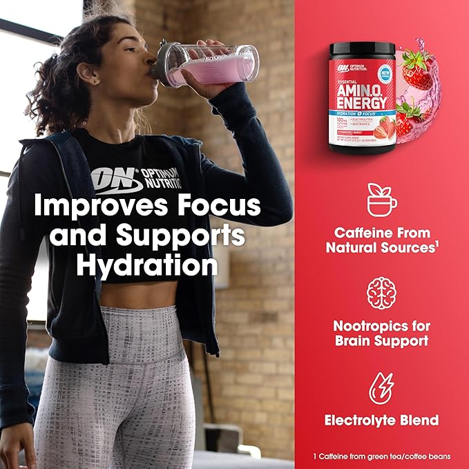 Optimum Nutrition Amino Energy Powder Plus Focus with BCAA Electrolytes and Caffeine Juicy Strawberry 30 Servings (Packaging May Vary)