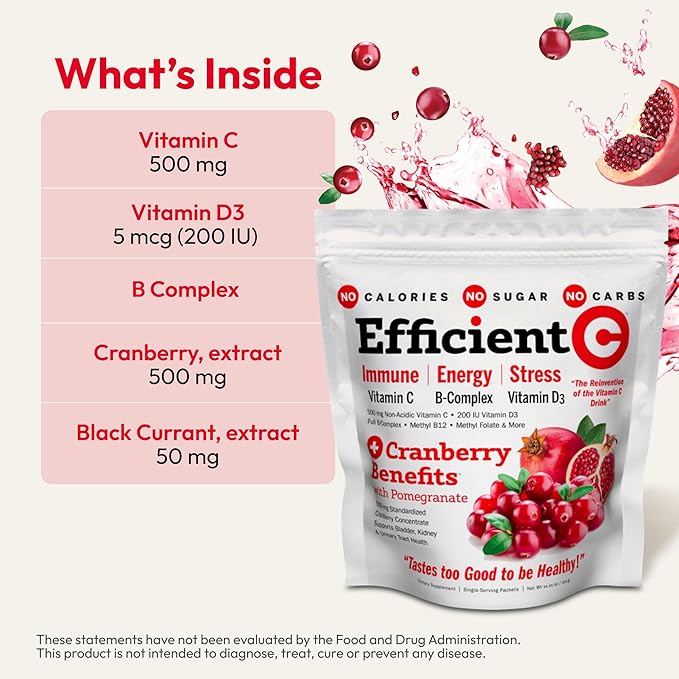 ANDREW LESSMAN Efficient C + Cranberry Benefits 90 Packets - Immune Energy Stress and Urinary Tract Support. Reinvention of The Vitamin C Drink. No Calories. No Sugar. No Carbs. Easy to Mix.
