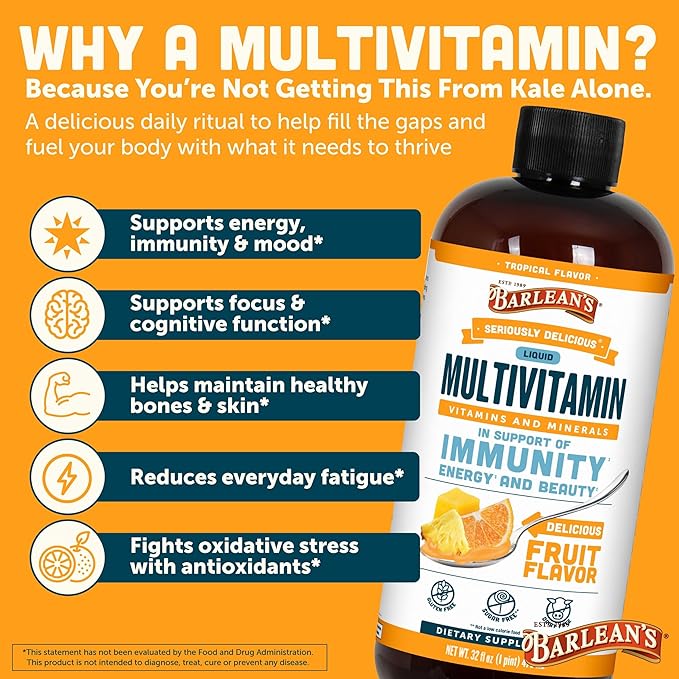Barlean's Liquid Multivitamin for Women Men &amp Kids 21 Essential Vitamins &amp Minerals Includes Biotin B-Complex Vitamins C D3 &amp K2 Smoothie-Like Daily Supplement Tropical Flavor 32
