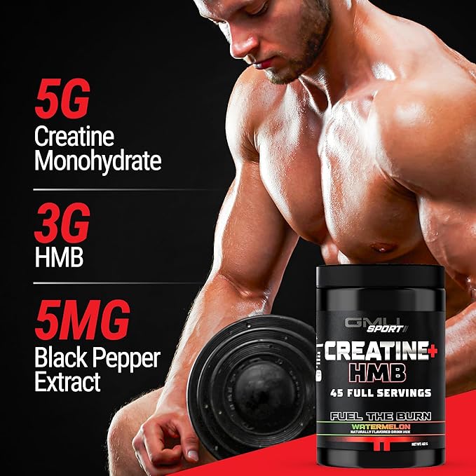GMU SPORT Creatine HMB Powder – 45 Servings – 5g Creatine Monohydrate + 3g HMB + Piperine – Muscle Growth Strength &amp Recovery – Watermelon
