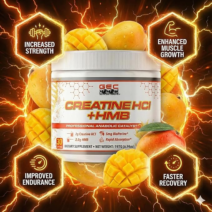 Creatine HCl + HMB for Athletes – Performance &amp Recovery Formula – 2g Creatine HCl 2.5g HMB – Fast Absorption No Bloat No Loading – 30 Servings – GEC (Standard Mango)