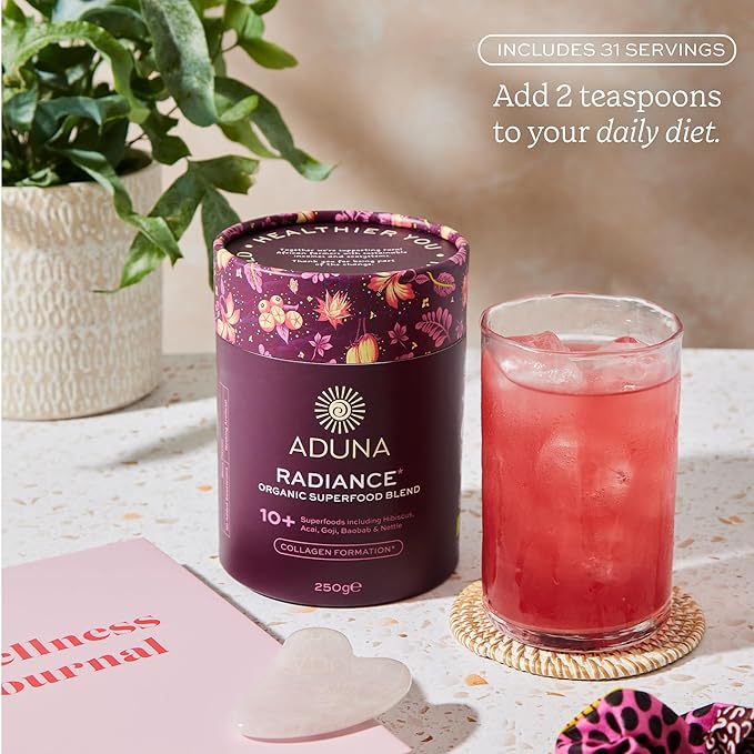 Aduna Organic Radiance Superfood Blend | 100% Natural Stir-in Blend With 10+ Superfoods for Skin Glow Collagen Support &amp Hormone Balance | Vegan Powder for Yogurt Juices &amp Smoothies | 250g