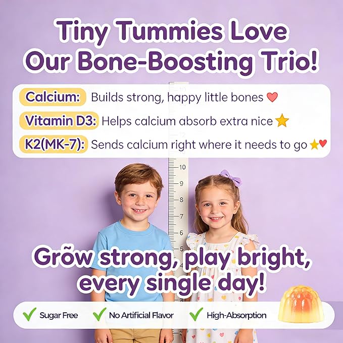 Sugar Free Kids Calcium Gummies (Ages 4-12) - 300mg Calcium Citrate w/Vitamin D3 K2 Magnesium - Algae DHA Lutein &amp Zeaxanthin for Strong Bones Eye &amp Brain Support - Gelatin Free - 60 Gummies